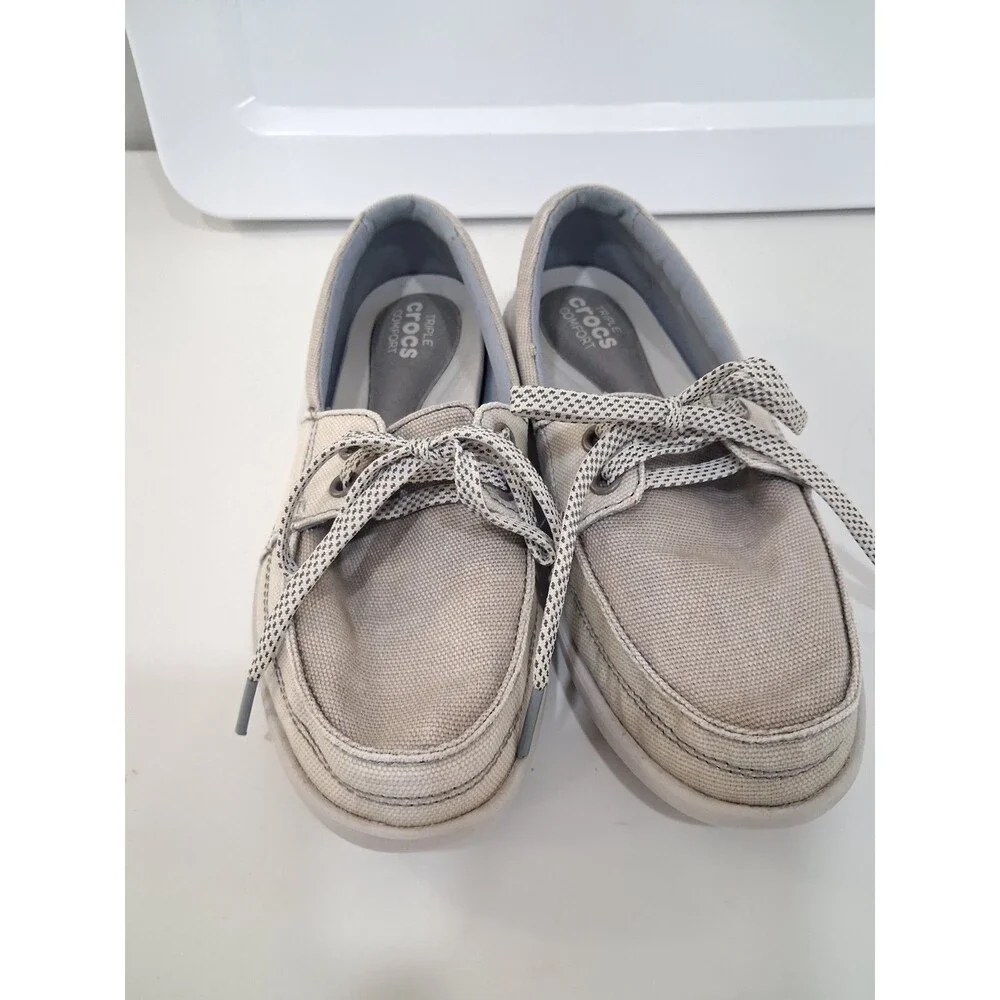 Crocs Walu II Canvas Boat Shoes Gray Loafers Triple Comfort Laced Coastal Preppy